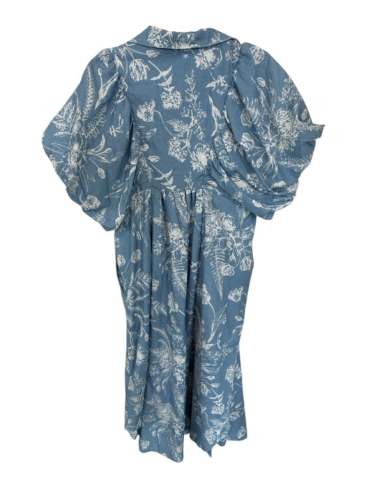 AnnieWear Size S Blue & White Cotton Short Balloon Sleeve Leaves Smocked Dress Blue & White / S