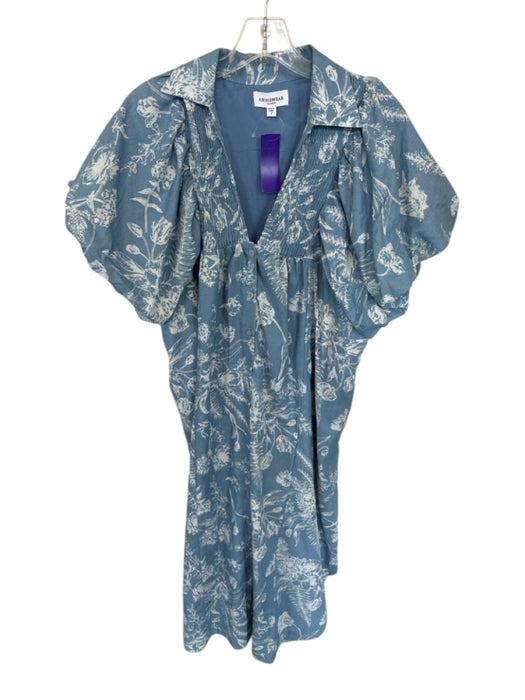AnnieWear Size S Blue & White Cotton Short Balloon Sleeve Leaves Smocked Dress Blue & White / S