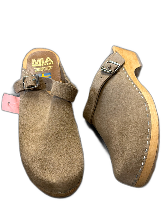 Mia Shoe Size 39 Taupe & Tan Suede Wood Buckle Clogs Taupe & Tan / 39