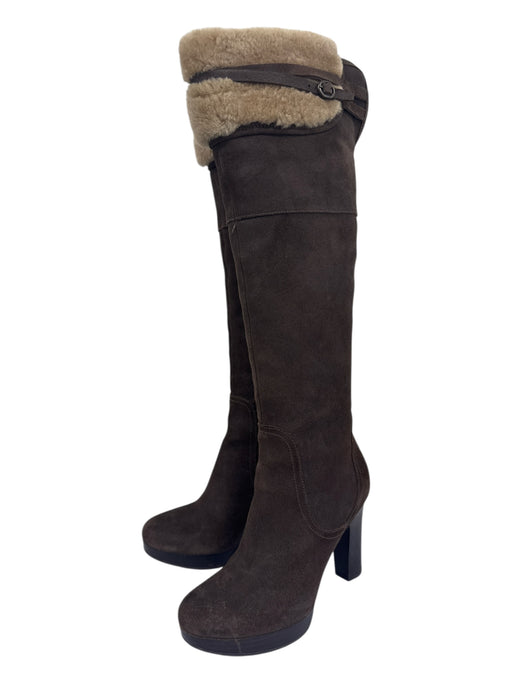 Ugg Shoe Size 8 Brown & Cream Suede Shearling Lined Buckle Stacked Heel Boots Brown & Cream / 8