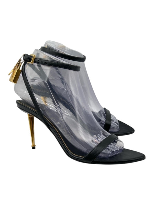 Tom Ford Shoe Size 37 Black Leather Gold hardware Locket Heel Sandals Black / 37