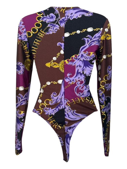 Versace Size 4 Purple & Black Poly Long Sleeve Logo Thong Bodysuit Purple & Black / 4