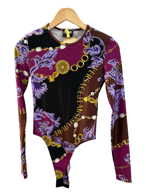 Versace Size 4 Purple & Black Poly Long Sleeve Logo Thong Bodysuit Purple & Black / 4