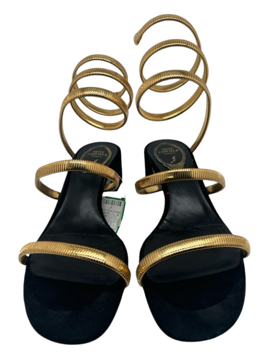 Rene Caovilla Shoe Size 7 Gold & Black Metal & Suede Wrap ankle 1" heel Sandals Gold & Black / 7