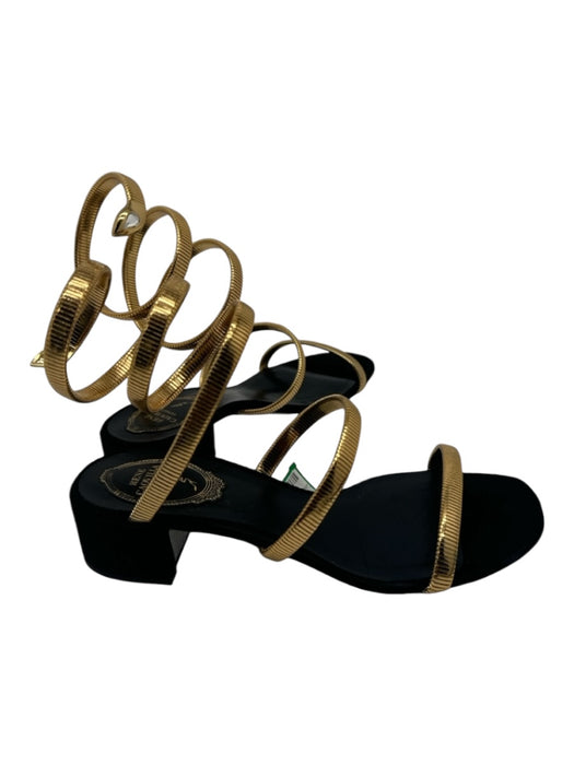 Rene Caovilla Shoe Size 7 Gold & Black Metal & Suede Wrap ankle 1" heel Sandals Gold & Black / 7