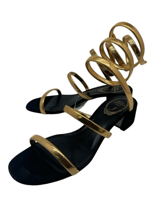 Rene Caovilla Shoe Size 7 Gold & Black Metal & Suede Wrap ankle 1" heel Sandals Gold & Black / 7