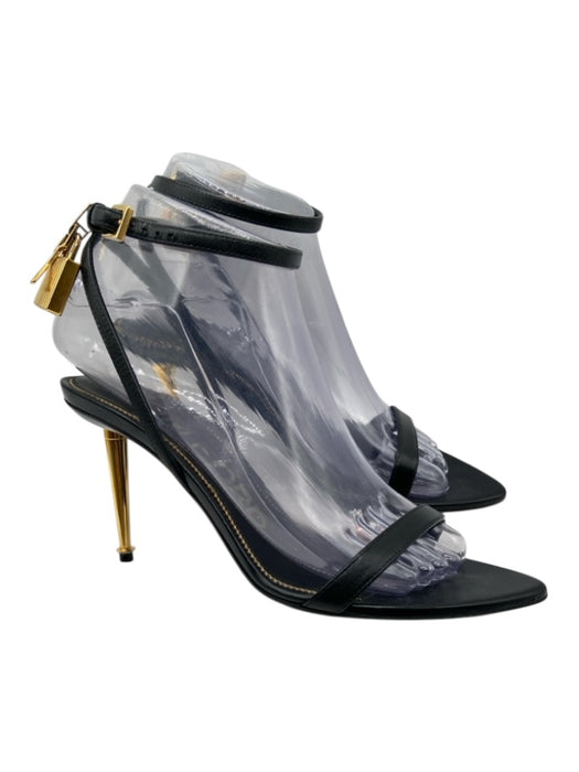 Tom Ford Shoe Size 37 Black Leather Gold hardware Locket Heel Sandals Black / 37