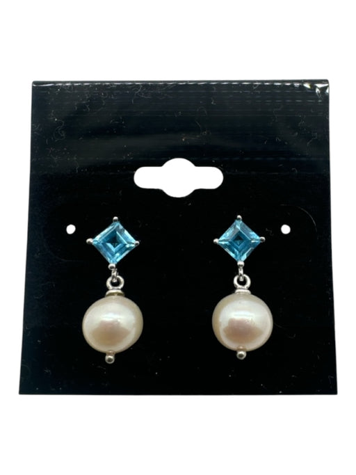 Ivory Pearl & Blue 925 Sterling Silver Post Back Topaz drop Earrings Ivory Pearl & Blue