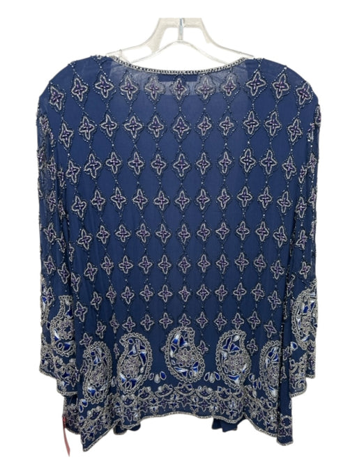 Calypso Size M Navy Blue & Purple Silk Beaded Detail Paisley Open Front Jacket Navy Blue & Purple / M