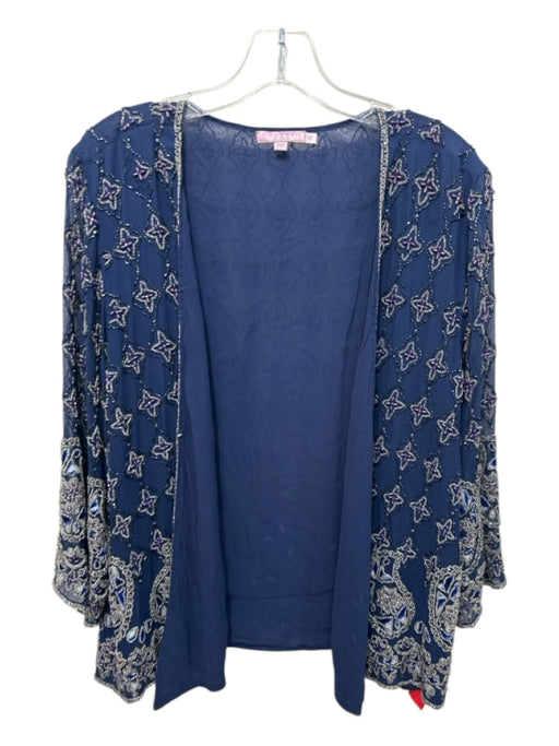 Calypso Size M Navy Blue & Purple Silk Beaded Detail Paisley Open Front Jacket Navy Blue & Purple / M