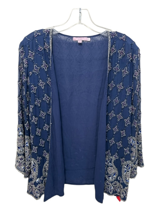 Calypso Size M Navy Blue & Purple Silk Beaded Detail Paisley Open Front Jacket Navy Blue & Purple / M