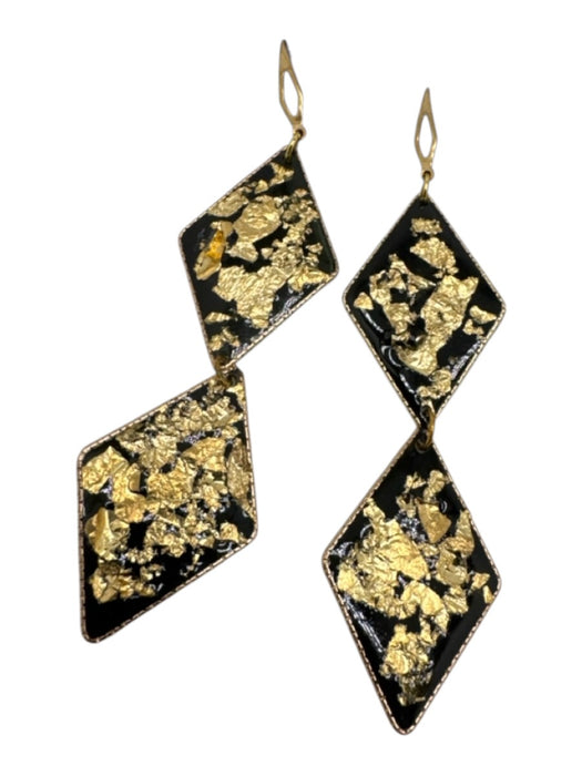Black & Gold Tone Resin Gold Leaf Diamond Shape Dangle Fish Hook Earrings Black & Gold Tone