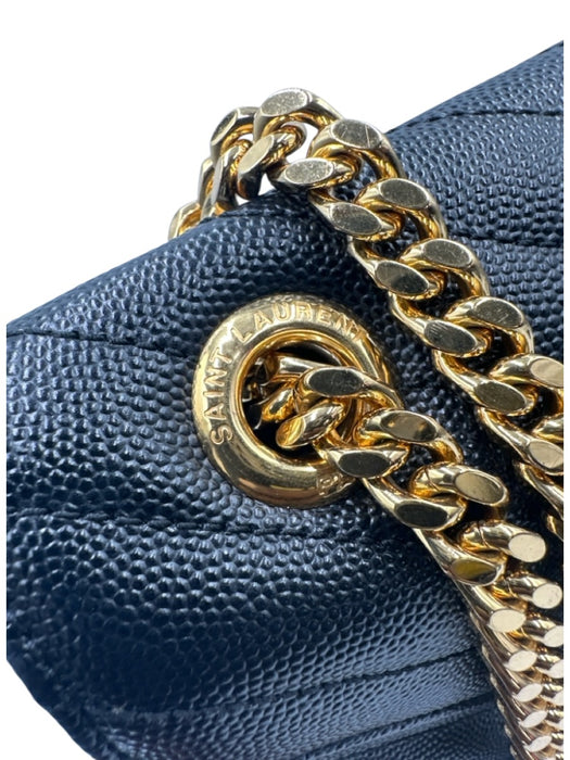 Saint Laurent Black Caviar Leather Flap Chevron Logo Chain Strap Bag Black / Large