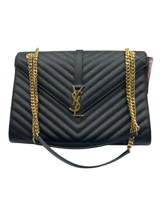 Saint Laurent Black Caviar Leather Flap Chevron Logo Chain Strap Bag Black / Large