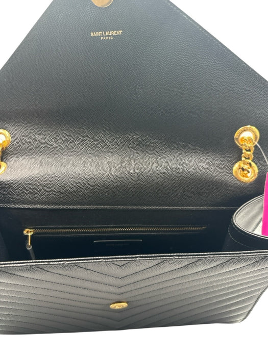 Saint Laurent Black Caviar Leather Flap Chevron Logo Chain Strap Bag Black / Large