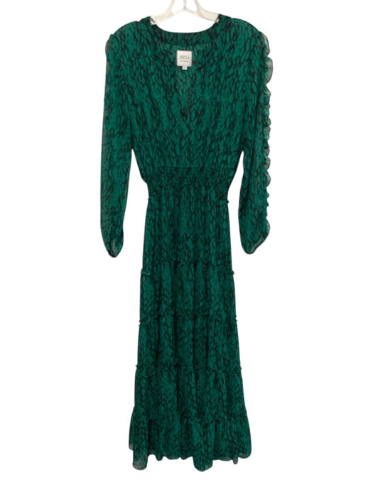 Misa Size M Green & Black Viscose Semi Sheer Abstract Ruffle Maxi Dress Green & Black / M