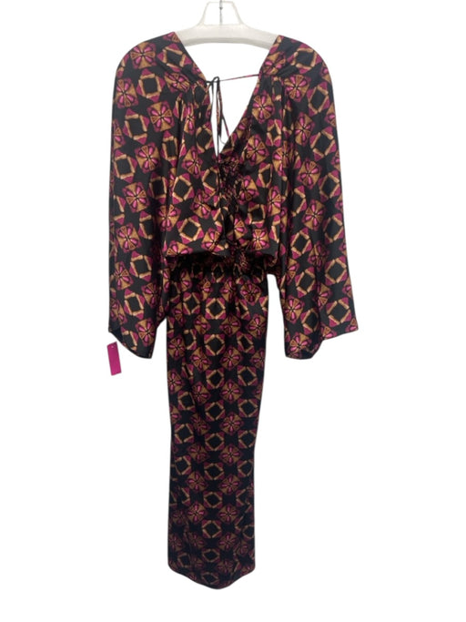 Misa Size M Black, Brown, Pink Polyester Shirred Waist Geometric Midi Dress Black, Brown, Pink / M