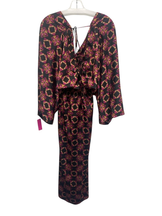 Misa Size M Black, Brown, Pink Polyester Shirred Waist Geometric Midi Dress Black, Brown, Pink / M