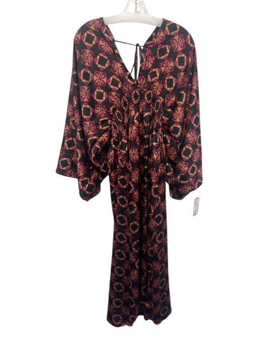 Misa Size M Black, Brown, Pink Polyester Shirred Waist Geometric Midi Dress Black, Brown, Pink / M