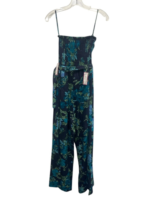Faithfull the Brand Size L Blue & Green Linen Floral Strapless Wide Leg Jumpsuit Blue & Green / L