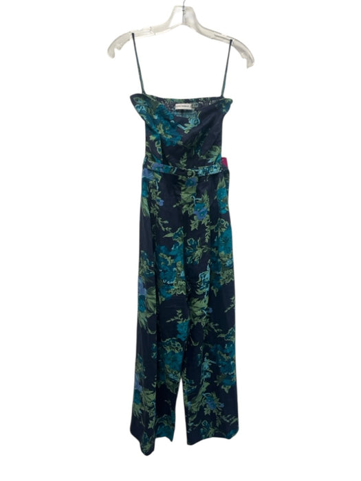 Faithfull the Brand Size L Blue & Green Linen Floral Strapless Wide Leg Jumpsuit Blue & Green / L