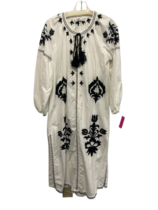 Zara Size M White & Black Linen Blend Embroidered Leaves Split Hem Midi Dress White & Black / M