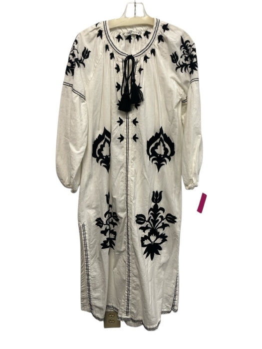 Zara Size M White & Black Linen Blend Embroidered Leaves Split Hem Midi Dress White & Black / M