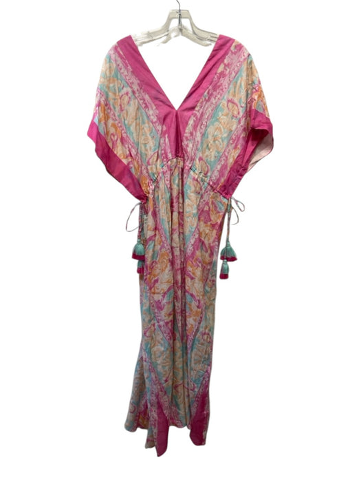 Bella Tu Size XL Pink, Orange & Turquoise Viscose Sleeveless Double V Neck Dress Pink, Orange & Turquoise / XL