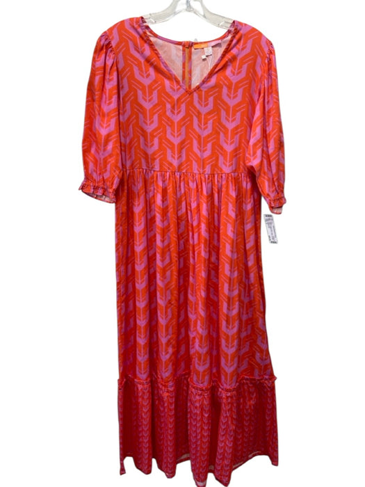 Briton Court Size S Orange & Pink Cotton 1/2 Balloon Sleeve Abstract Print Dress Orange & Pink / S