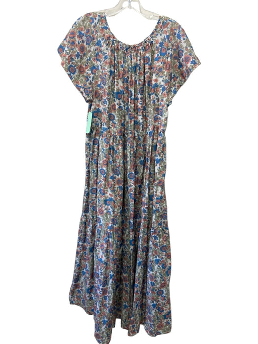 Mirth Size L White, Green & Blue Cotton Short Sleeve Floral Tiered Maxi Dress White, Green & Blue / L
