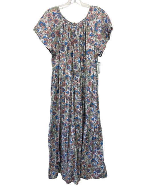 Mirth Size L White, Green & Blue Cotton Short Sleeve Floral Tiered Maxi Dress White, Green & Blue / L