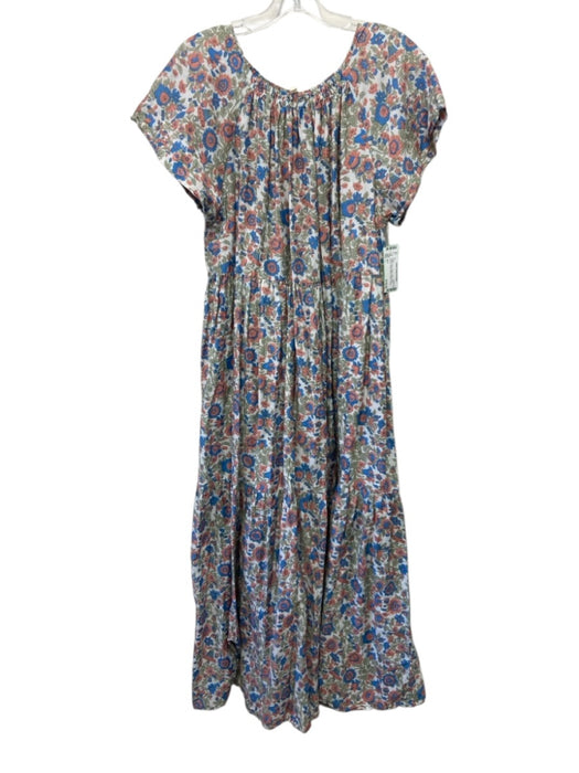 Mirth Size L White, Green & Blue Cotton Short Sleeve Floral Tiered Maxi Dress White, Green & Blue / L