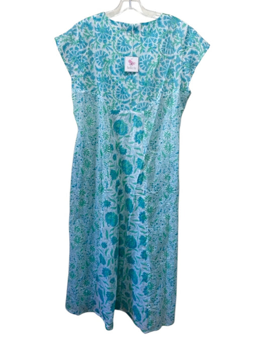 Bella Tu Size XL White, Blue & Aqua Cotton Sleeveless Floral Beaded V Neck Dress White, Blue & Aqua / XL