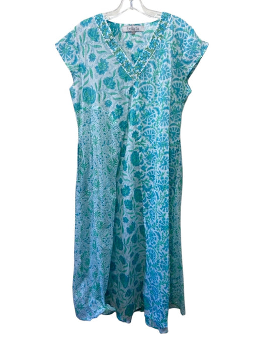 Bella Tu Size XL White, Blue & Aqua Cotton Sleeveless Floral Beaded V Neck Dress White, Blue & Aqua / XL