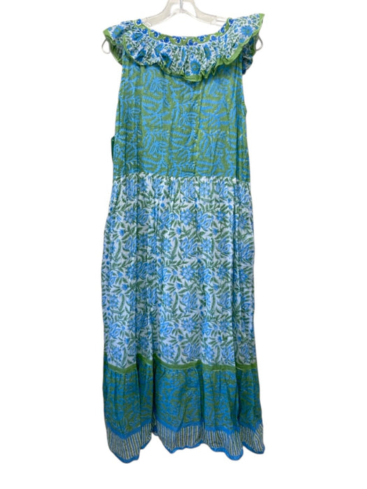Bella Tu Size L Blue, Green & White Cotton Sleeveless Floral Beaded V Neck Dress Blue, Green & White / L