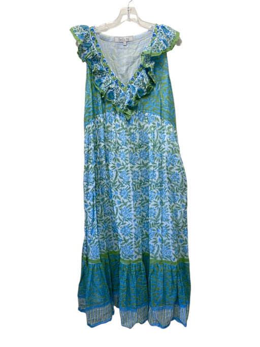 Bella Tu Size L Blue, Green & White Cotton Sleeveless Floral Beaded V Neck Dress Blue, Green & White / L