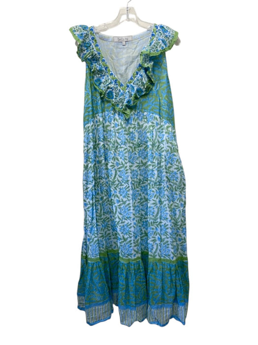Bella Tu Size L Blue, Green & White Cotton Sleeveless Floral Beaded V Neck Dress Blue, Green & White / L