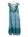Bella Tu Size L Blue, Green & White Cotton Sleeveless Floral Beaded V Neck Dress Blue, Green & White / L