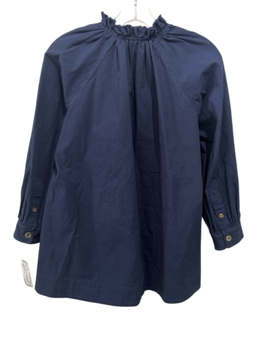 Ann Mashburn Size L Navy Cotton Long Sleeve Button Up Ruffle Neck Pockets Top Navy / L