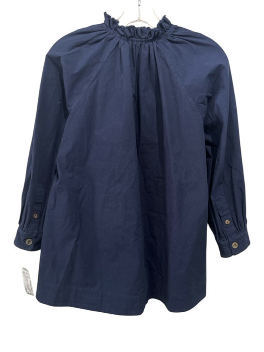 Ann Mashburn Size L Navy Cotton Long Sleeve Button Up Ruffle Neck Pockets Top Navy / L