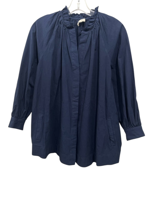Ann Mashburn Size L Navy Cotton Long Sleeve Button Up Ruffle Neck Pockets Top Navy / L