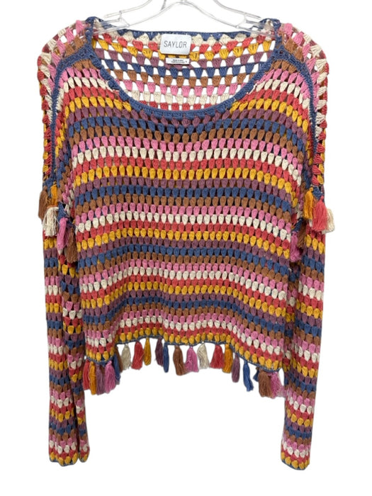Saylor Size S Blue, Orange & Multi Cotton Crochet Open Knit Long Sleeve Top Blue, Orange & Multi / S