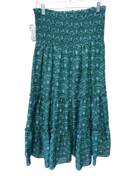 J. Marie Size M Green & Blue Polyester Shirred Waist Abstract Print Tiered Pants Green & Blue / M