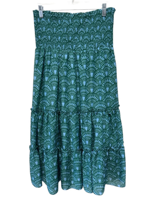J. Marie Size M Green & Blue Polyester Shirred Waist Abstract Print Tiered Pants Green & Blue / M