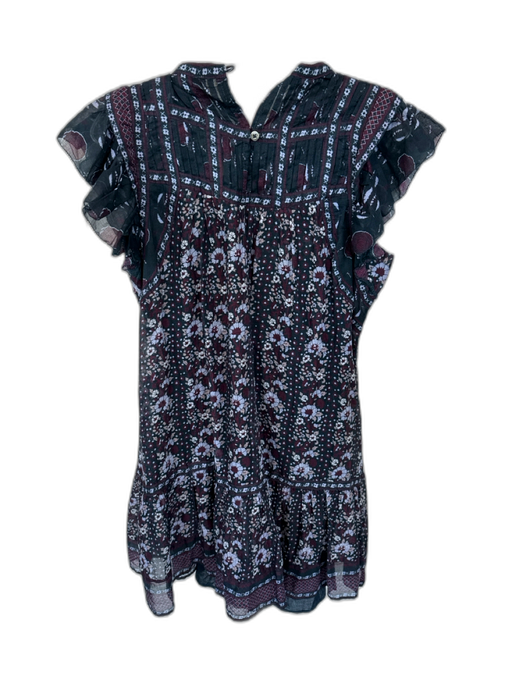 Sea New York Size S Navy & Maroon Cotton Short Sleeve Flowers Pleat Detail Dress Navy & Maroon / S
