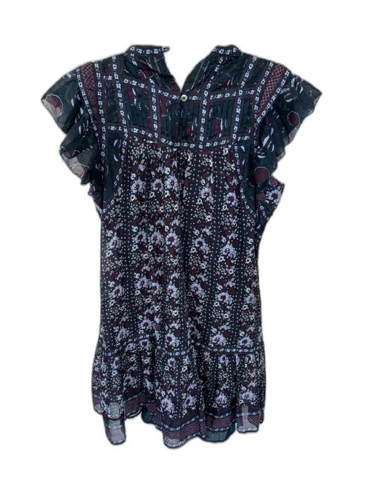 Sea New York Size S Navy & Maroon Cotton Short Sleeve Flowers Pleat Detail Dress Navy & Maroon / S