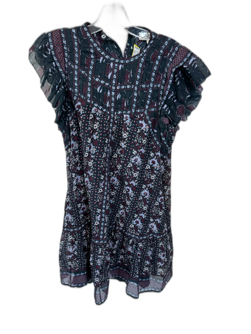 Sea New York Size S Navy & Maroon Cotton Short Sleeve Flowers Pleat Detail Dress Navy & Maroon / S