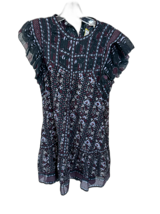 Sea New York Size S Navy & Maroon Cotton Short Sleeve Flowers Pleat Detail Dress Navy & Maroon / S