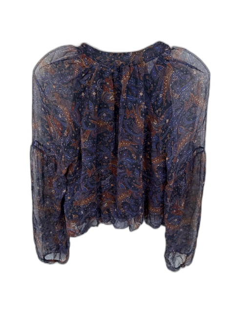 Veronica Beard Size 6 Navy & Brown Silk Long Balloon Sleeve Birds Cropped Top Navy & Brown / 6