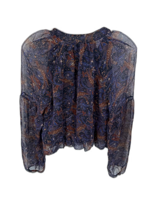 Veronica Beard Size 6 Navy & Brown Silk Long Balloon Sleeve Birds Cropped Top Navy & Brown / 6